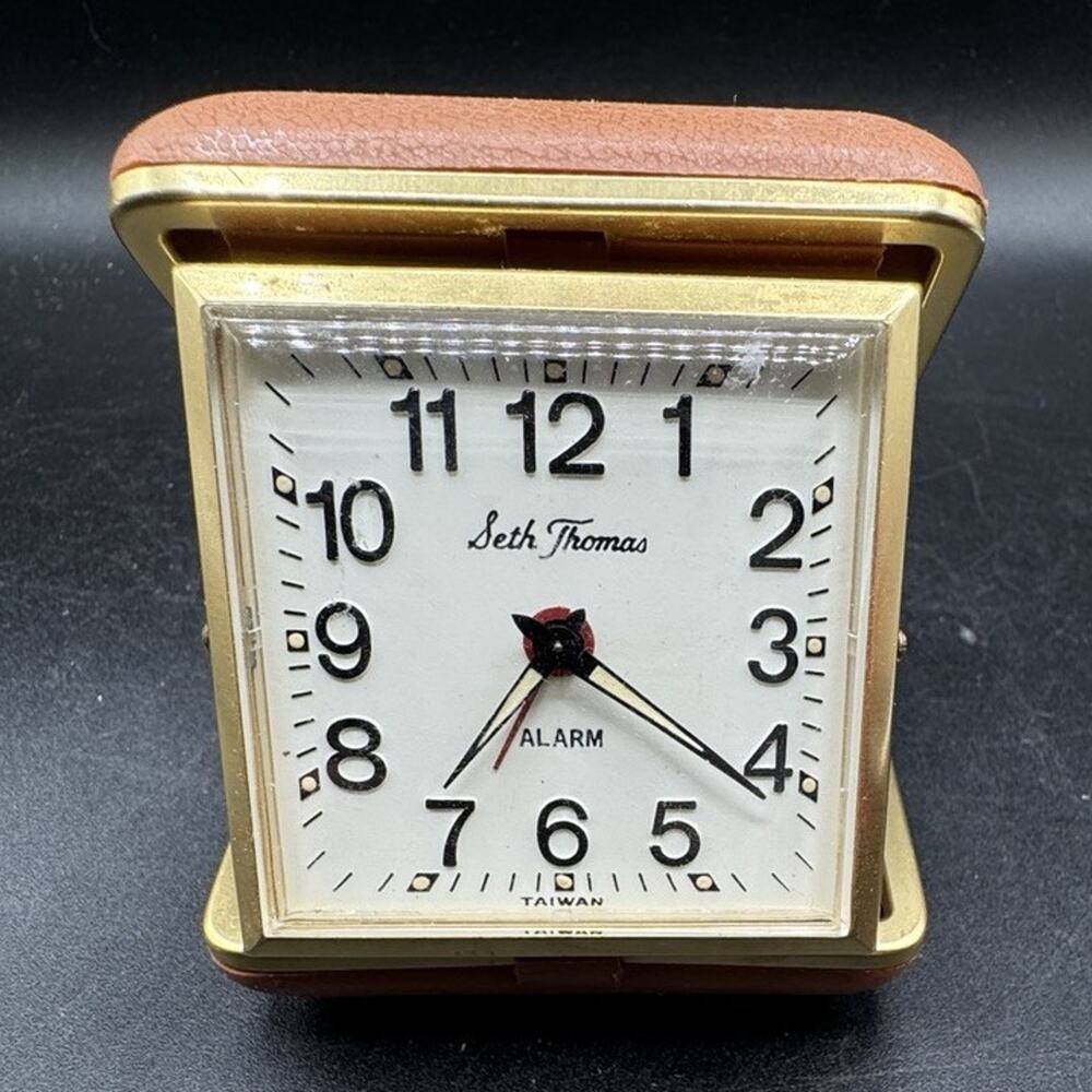 Vintage 1970s Seth Thomas Travel Alarm Clock Brown Gold Folding Case -A96